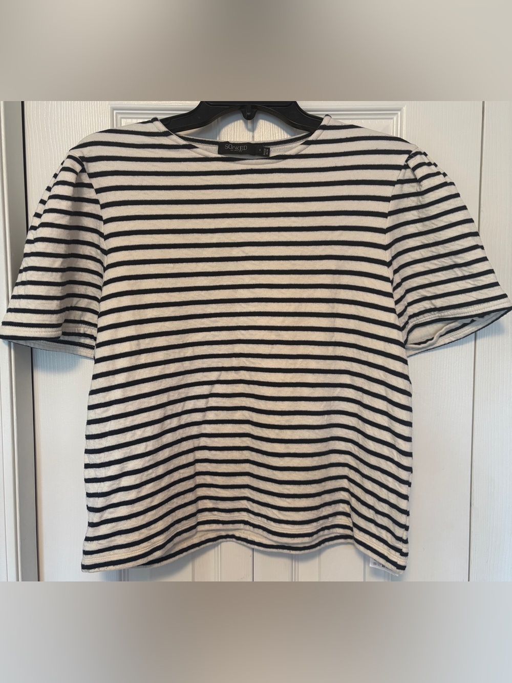 Soaked in Luxury Striped Puff Sleeve Knit Top Black White